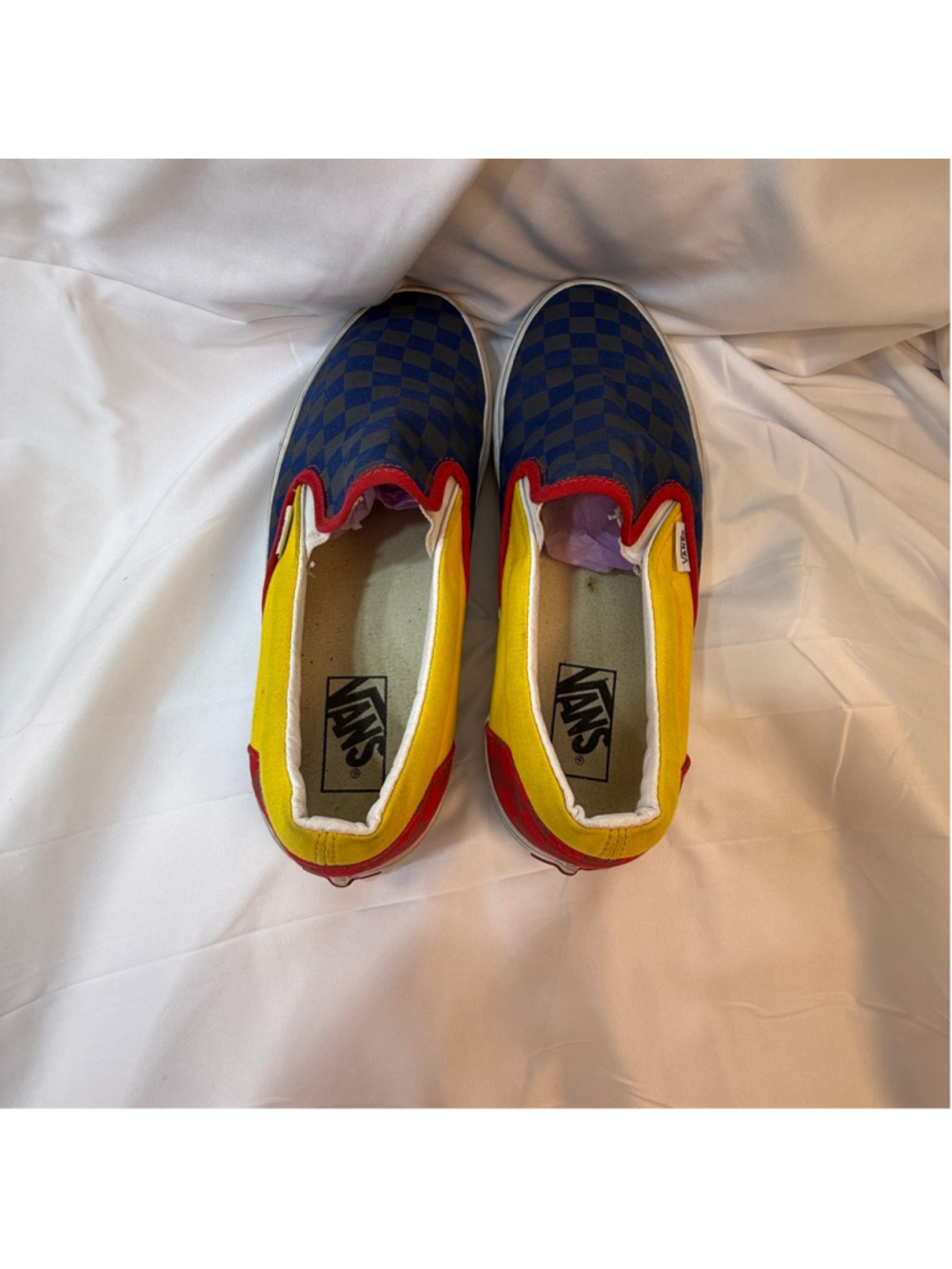 Vans Classic Slip-On Checkerboard Colorblock Blue Yellow Red Sneakers Men’s 9 Wo - Picture 2 of 9
